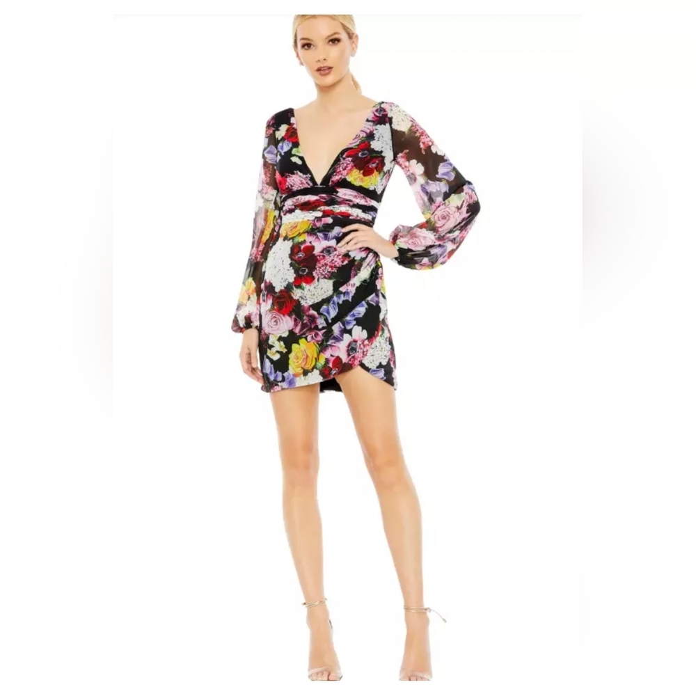 Mac Duggal FLORAL PRINT ILLUSION PUFF SLEEVE V NECK FITTED MINI DRESS 8 (55670)